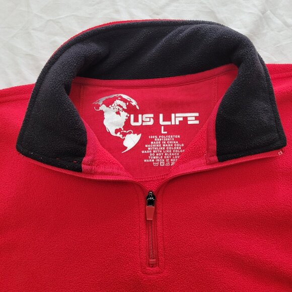 US Life Red Fleece Pullover Jacket 1/4 Zip Collar Logo Mens Large Black Trim - Picture 3 of 10